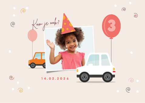 Kinderfeestje uitnodiging auto stoet feest confetti 2