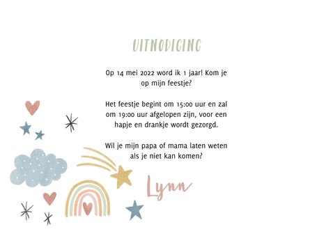 Kinderfeestje uitnodiging eerste verjaardag met regenboogjes 3