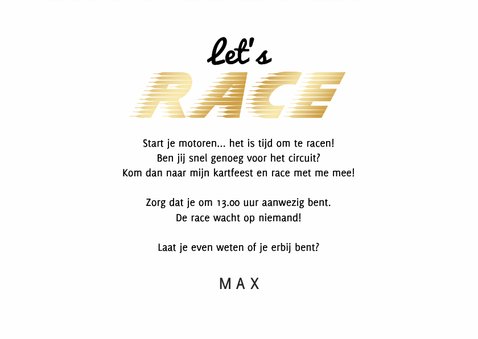 Kinderfeestje uitnodiging ticket racen karten foto stoer 3