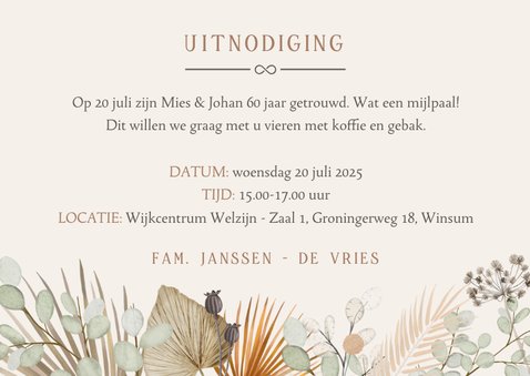 Klassieke uitnodigingskaart huwelijksjubileum met bloemen 3