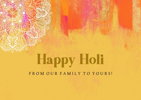 Kleurrijke Holi kaart verfstrepen collage goud mandala 2