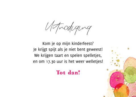 Kleurrijke uitnodiging kinderfeestje watercolor ballonnen 3