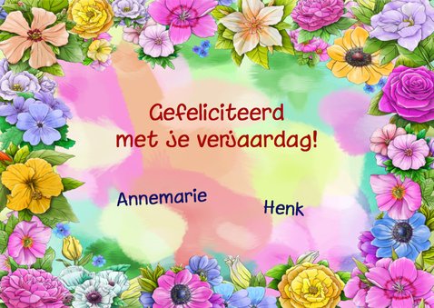 Kleurrijke verjaardagskaart Happy Birthday met bloemenrand 3