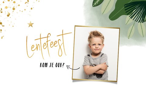 Lentefeest uitnodiging met planten waterverf en goudlook 2