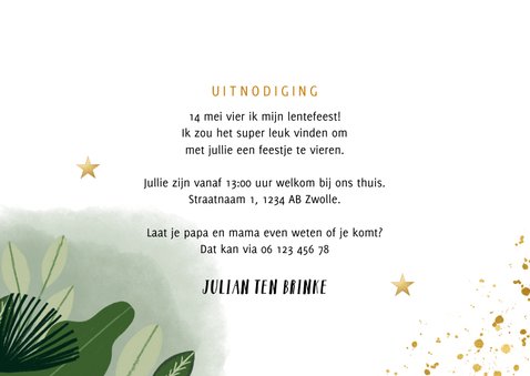 Lentefeest uitnodiging met planten waterverf en goudlook 3