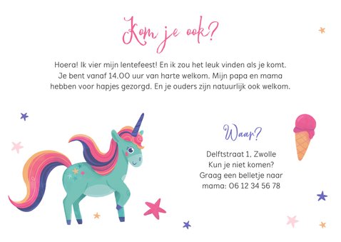 Lentefeest uitnodiging unicorn sterren foto 3