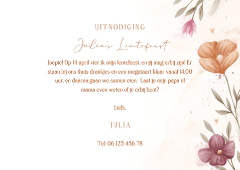 Lentefeest uitnodiging waterverf bloemen met koperen hartjes 3