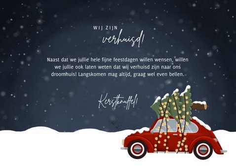 Leuke kerst verhuiskaart met oude Volkswagen en kerstboom 3