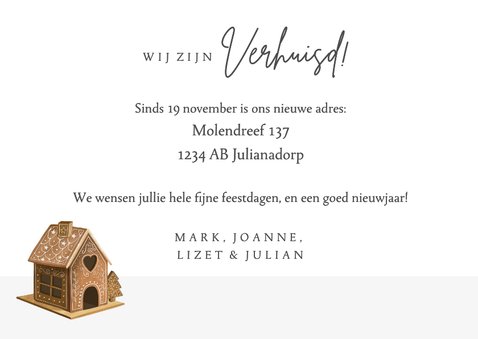 Leuke kerst verhuiskaart met peperkoekhuisje voor een gezin 3