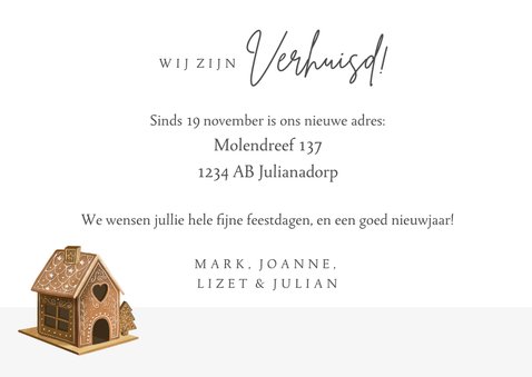 Leuke kerst verhuiskaart met peperkoekhuisje voor een gezin 3