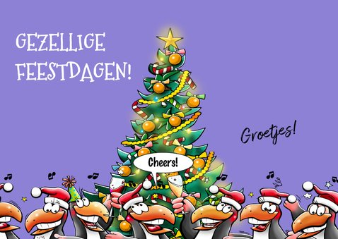 Leuke kerstkaart met 7 pinguïns, die met elkaar proosten 3