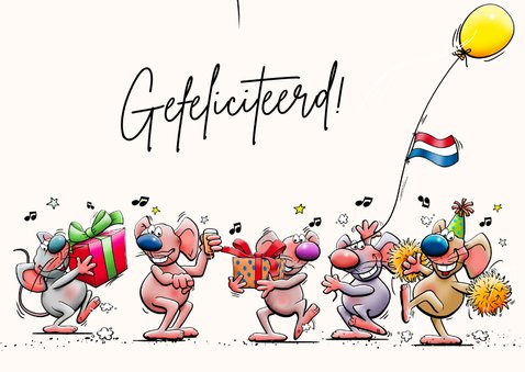 Leuke verjaardagskaart met 6 juichende muizen en vlaggen 3