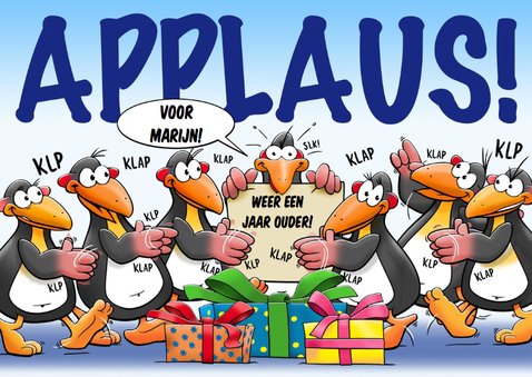 Leuke verjaardagskaart pinguïns die kadootjes meenemen 3