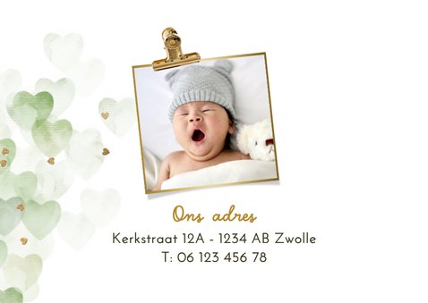 Lief geboortekaartje hartjes waterverf groen goudfolie 2