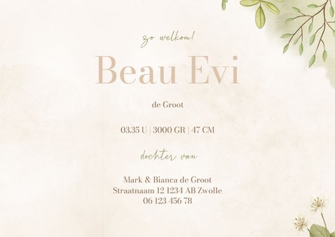 Lief geboortekaartje met dierenletter naam en waterverf 3