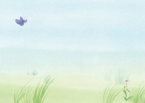 Lief geboortekaartje met konijn tussen madeliefjes Achterkant