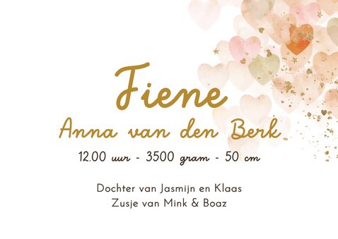 Lief geboortekaartje watercolor hartjes foto confetti goud 3
