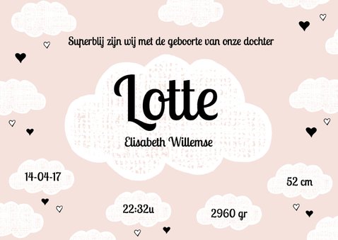 Lief geboortekaartje Wolkjes - Roze 3