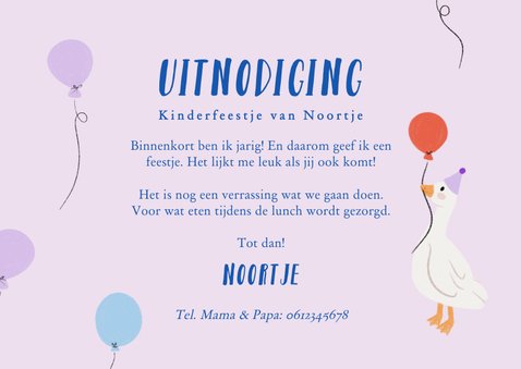 Lieve lila uitnodiging kinderfeestje met gansjes en foto 3