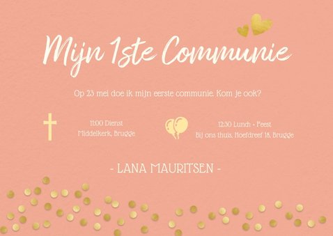 Lieve stijlvolle communiekaart meisje met gouden confetti 3