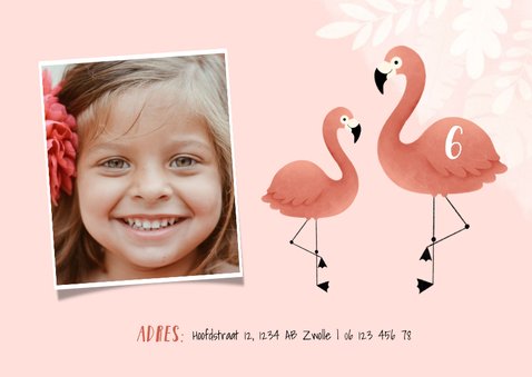Lieve uitnodiging kinderfeestje flamingo, bladeren en foto 2