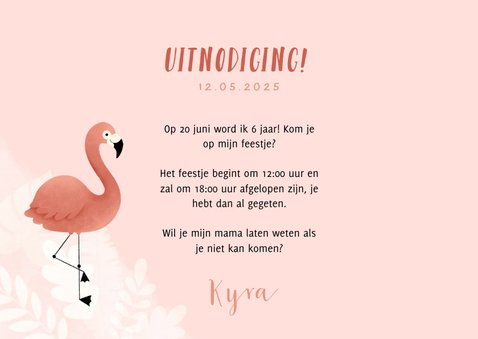 Lieve uitnodiging kinderfeestje flamingo, bladeren en foto 3