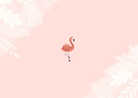 Lieve uitnodiging kinderfeestje flamingo, bladeren en foto Achterkant