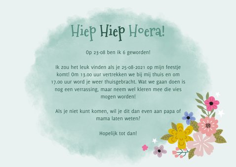 Lieve uitnodiging kinderfeestje met eenhoorn, bloemen & foto 3