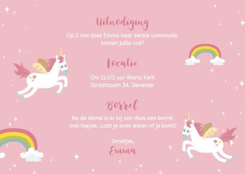 Lieve uitnodiging voor eerste communie met eenhoorns 3
