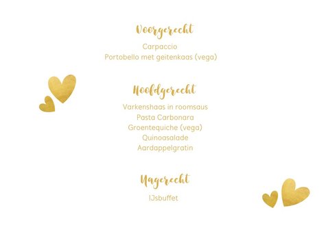 Liggende menukaart voor een huwelijk met gouden stippen 3