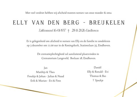 Liggende rouwkaart met grote eigen foto en gouden lijnen 3