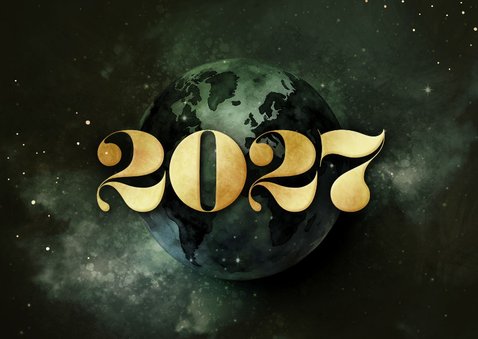 Liggende zakelijke kerstkaart wereldbol 2027 stijlvol 2