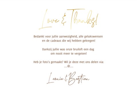 Love and thanks trouwkaart hout foto's hartjes goud 3