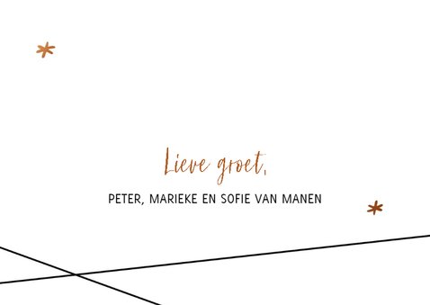 Moderne kerstkaart met bronskleurige teksten en sterren 3