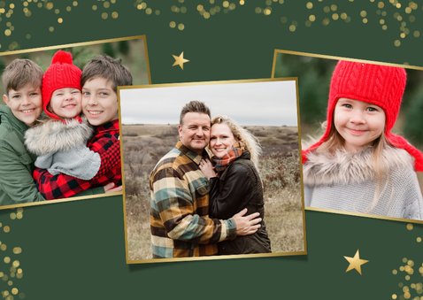 Moderne kerstkaart met eigen foto en goudlook confetti kader 2