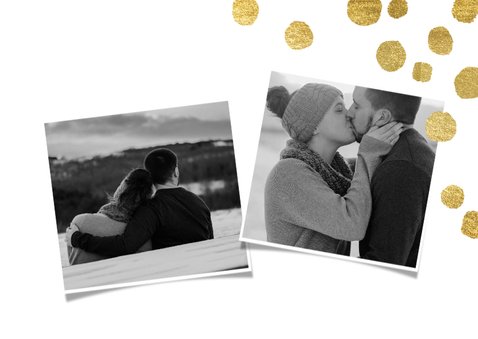 Moderne kerstkaart met goudlook confetti en foto 2