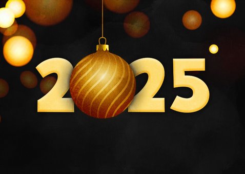 Moderne kerstkaart zwart 2025 kerstbal goud foliedruk 2