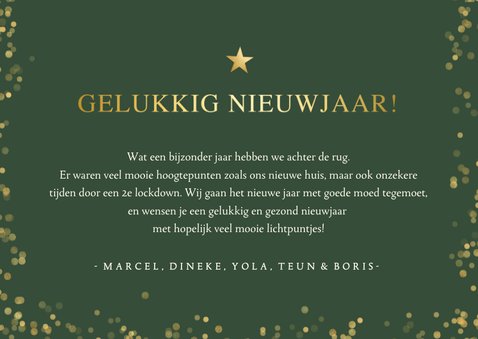 Moderne nieuwjaarskaart eigen foto en gouden confetti kader 3