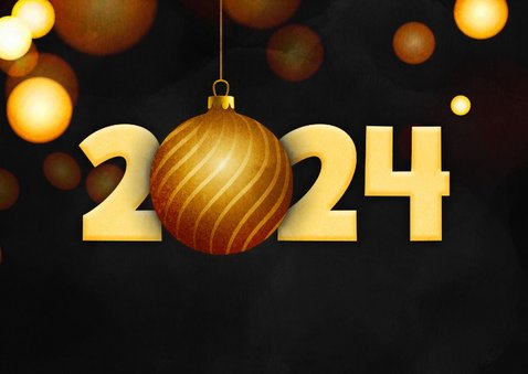 Moderne nieuwjaarskaart zwart 2024 kerstbal goud foliedruk 2
