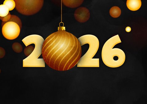 Moderne nieuwjaarskaart zwart 2026 kerstbal goud foliedruk 2