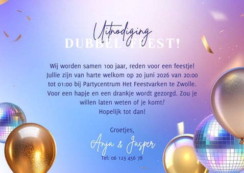 Moderne uitnodiging dubbel feest samen 100 ballonnen disco 3