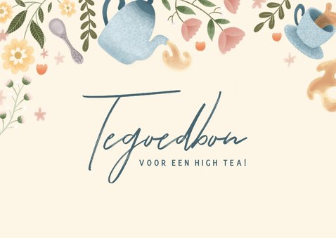 Moederdag kaart tegoedbon high tea met bloemen en thee 2