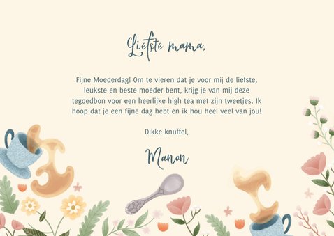 Moederdag kaart tegoedbon high tea met bloemen en thee 3