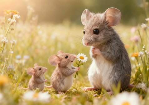 Moederdagkaart lieve muis en twee babymuisjes met bloem 2