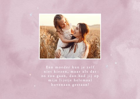 Moederdagkaart lila waterverf met foto's en hartjes 2