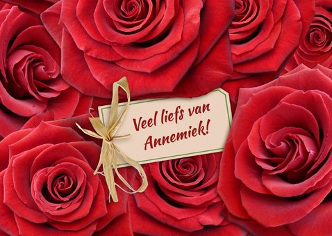 Mooie bloemenkaart met rode rozen om iemand te feliciteren 3