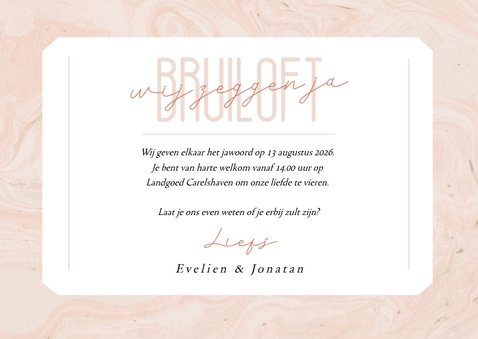 Mooie uitnodiging bruiloft ticket op roze marmer met koper 3