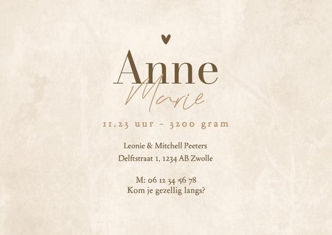 Natuurlijk geboortekaartje jongen meisje zandkleur hartje 3