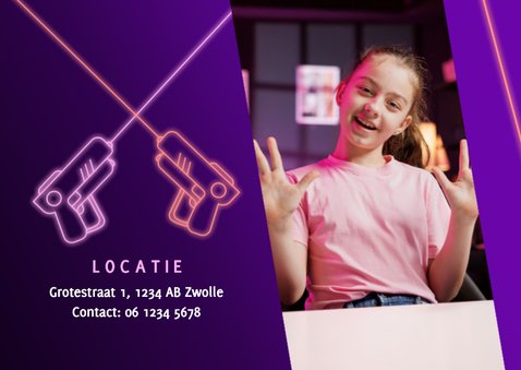 Neon fotokaart uitnodiging kinderfeestje meisje laser gamen 2