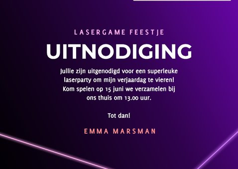 Neon fotokaart uitnodiging kinderfeestje meisje laser gamen 3